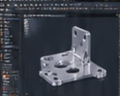 A dense legacy CAD interface full of toolbars around a bracket model
