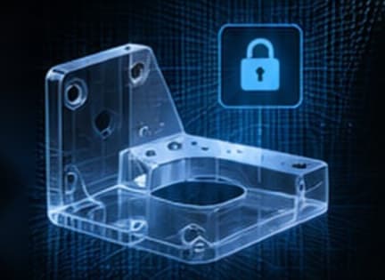 A translucent blueprint render of a motor bracket protected by a padlock icon