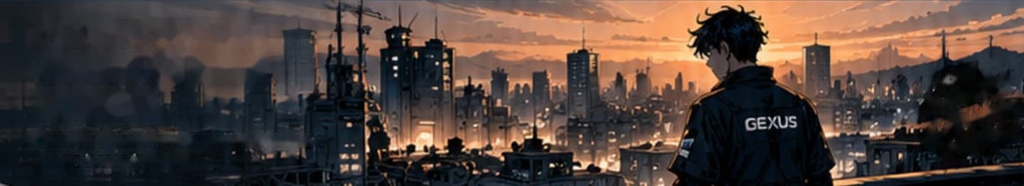 A GEXUS builder looking out over an industrial city skyline at sunset